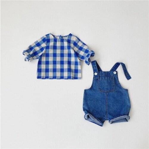 FOCUSNORM 0-3Y Autumn Baby Girls Boys Clothes Sets 2pcs Blue Plaid Print Long Sleeve Pullover Tops Denim Overalls Shorts