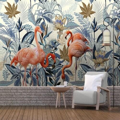 Retro Tropical Plant Leaves Flamingo Pattern Murals For Living Room Bedroom Pastoral Background Wall Painting Wall Paper Fresco