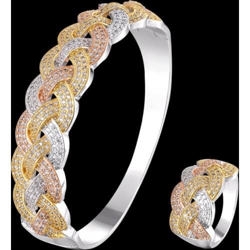 Zlxgirl jewelry hot selling full mirco paved zircon Chain shape copper Bangle Ring Set for Women Wedding Party Engagement gifts