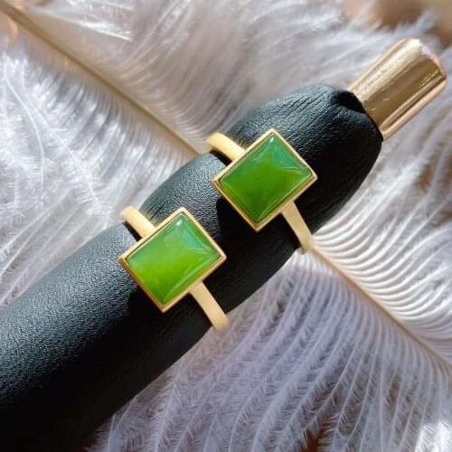 Natural Hetian Jade Green Jade Square Ring S925 Sterling Silver Inlaid Gilding Craft Adjustable Size Ring Ornament