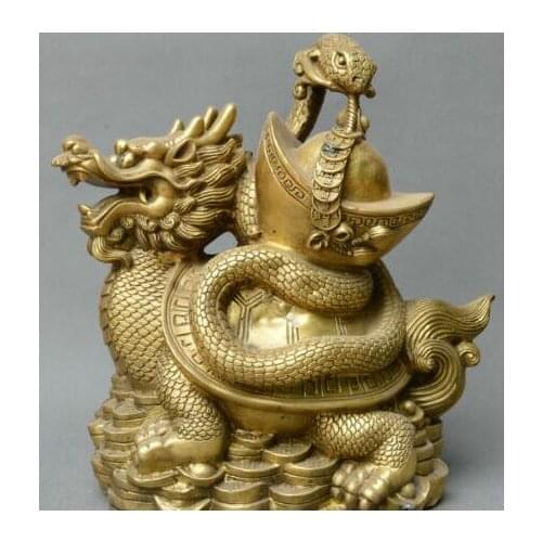 China fengshui old bronze dragon tortoise snake yuanbao money god beast statue