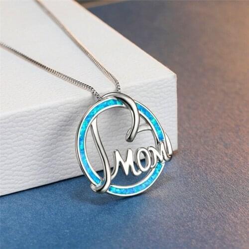Classic Letter Mom Pendant Blue/White Fire Opal Necklaces For Women White Gold Round Circle Pendants Necklace Mothers Day Gifts