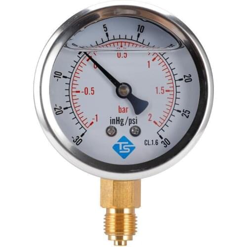 Compound Pressure Vacuum Gauge Glycerine Filled 63mm -1-2bar-30-30inhg/psi 1/4 BSP Bottom