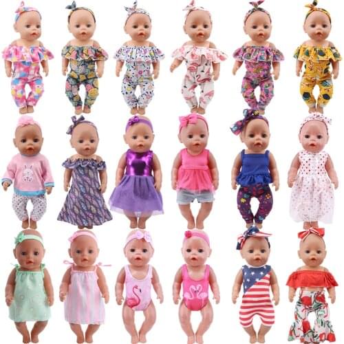 Doll Clothes+ Flower Head Bunny/Flamingo/Pineapple Print Fit 18inch American Doll&43Cm Baby Reborn Clothes,Girls Dress/Swimsuit