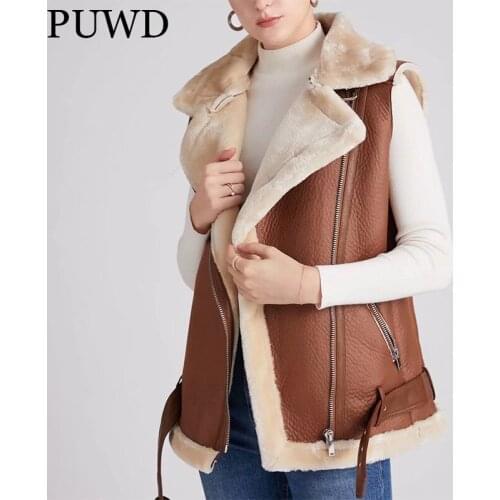 PUWD Slim Women Faux Leather Fur Vest Jacket Winter2021Retro Streetwear Buckle Belt Fashion Solid Warm Burrs Female Chic Outwear