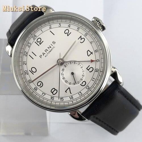 Parnis 2019 new top mens automatic mechanical watch 42mm silver case GMT arab mark date window leather mens watches