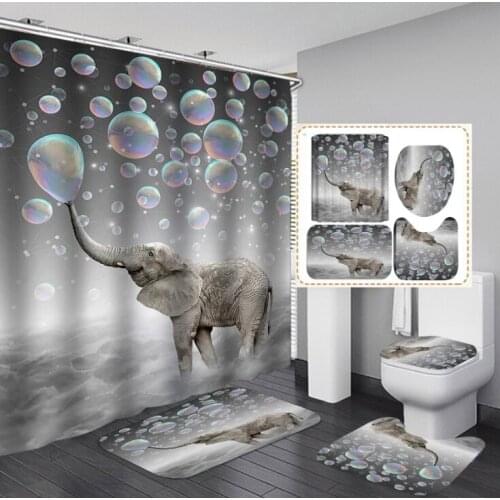 New Pattern Lovely Big Guy Elephant Waterproof Shower Curtain Bath Mat Pedestal Rug Lid Toilet Cover Bathroom 4pcs