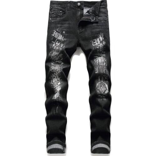 New mens male trousers Original design American small straight stretch jeans letter print black slim trendy denim pants 3010
