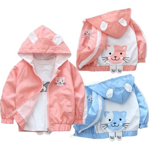 New Cute Cat Girls Coat Spring Autumn Windbreaker Jacket For Kids 1-6 Years Old Children Birthday Present Outerwear