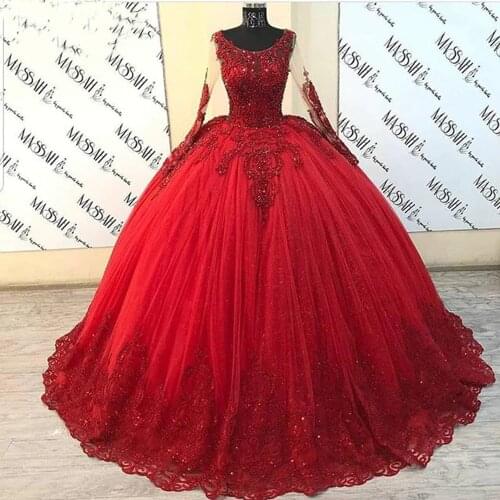 Puffy Ball Gown Quinceanera Dresses Long Sleeve Red Tulle Beaded Lace Sweet 16 Mexican Party Dress Cinderella Ball Gowns