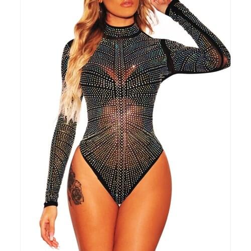 Sexy Lingerie Diamond Women Sex Costumes Sheer Mesh Turleneck Bodysuits See Through Lace Underwear Leotard Bodysuit Hot Clubwear