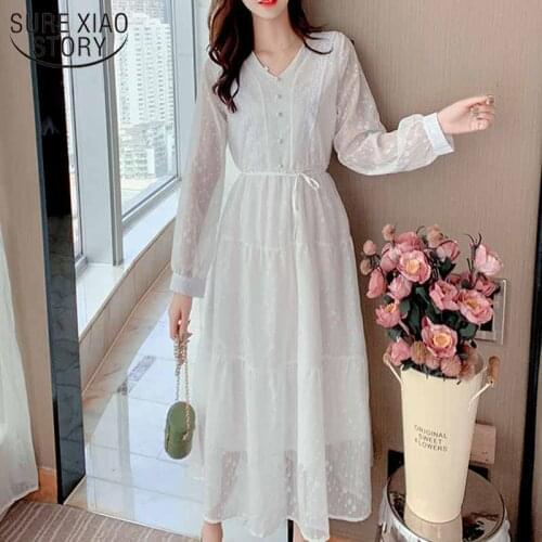Lace Stitching New French Gentle V-neck Hollow Chic Button 2021 Chiffon Dress Dots Print White High Waist Tie Long Dress 12551