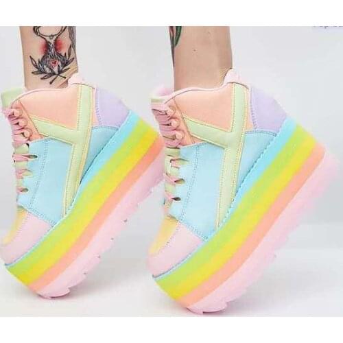 Chic Rainbow Color Thick Patform sole Mixed Colors Casual Shoes Colorful Leather Patchwork Lace up Increased Sole Spring Shoes