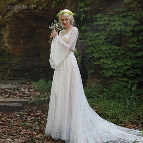 V-Neck two pieces wedding dress A Line dot tulle bohemian long sleeve bridal gowns DW286