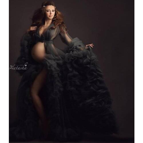 Navy Plus Size Maternity Dresses Ruffled Tulle Maternity Gown for Photoshoot Boudoir Lingerie Robe Bathrobe Nightwear Babydoll
