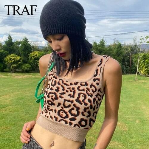 TRAF Women Clothes Square Collar Za Women Fashion Sleeveless Leopard Tank Tops Summer Sexy Body Tops Basic Ladies Bodysuits Tops