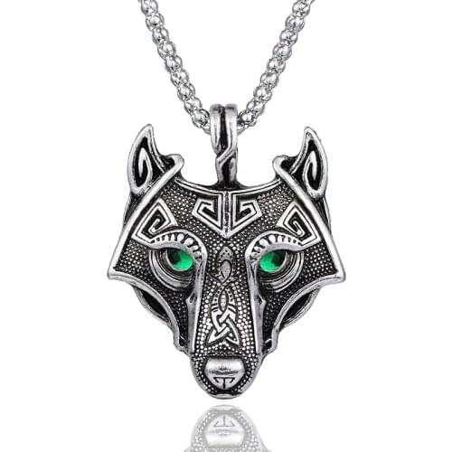 Vintage Norse Vikings Pendant Necklace Norse Wolf Head Green Crystal Eyes Necklace Original Animal Jewelry Statement Necklace