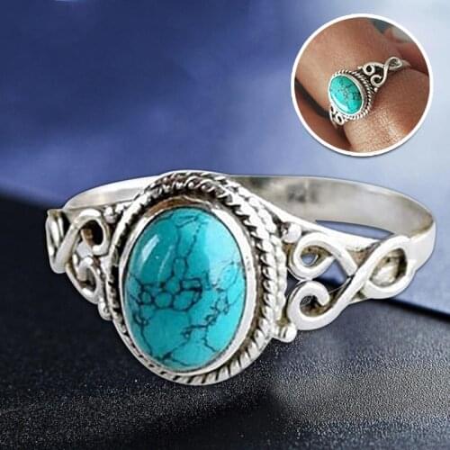 Vintage Tibet Boho Color Metal Opal Green Stone Rings For Women Party Turquoises Antique Big Oval Carved Flower Jewel