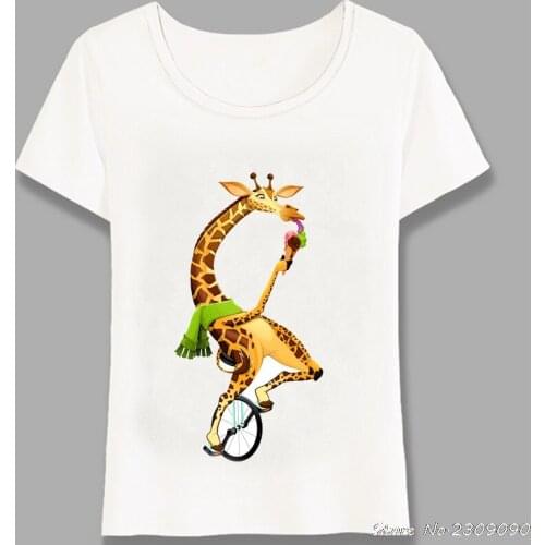 Women T-Shirt Cute Giraffe On An Unicycle Print T-Shirt Funny Wild Animals Design Cool Tops Fashion Girl Casual Tees Harajuku