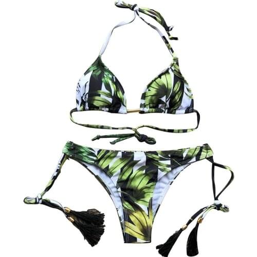 Women Padded Wireless Halter Bra Bandage Tassels Briefs Swimsuit Bikini Set