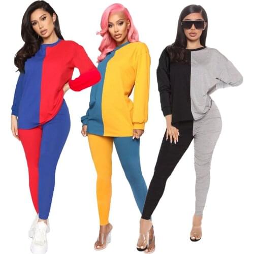 3 Colors Women Slim Two-piece Suits Loose Long Sleeve Tees Patchwork Tracksuit Two Piece Sets Home Leisure Outwear Sports Suits