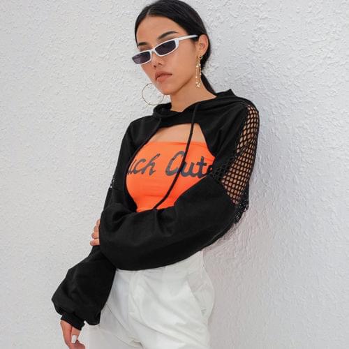 UK Womens Party Club Long Sleeve Sexy Mesh Fish Net Hooded Sweatshirt Crop Tops