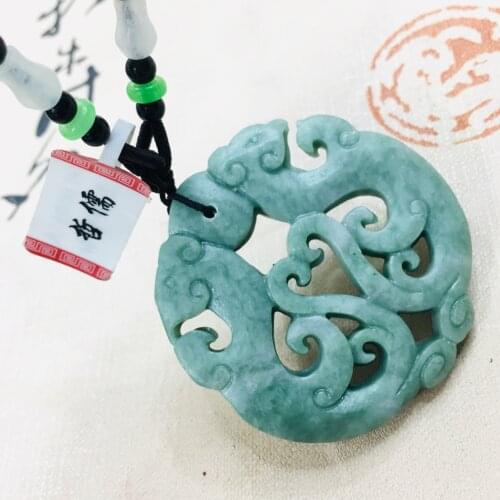 Zheru natural Hetian green jade carved hollow double Phoenix pendant with wooden beads necklace men and women sweater chain