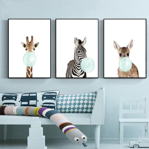 Bubble Chewing Gum Giraffe Zebra Animal Posters Canvas Art Painting Wall Art Modern Nursery Picture Nordic Style Child Deco