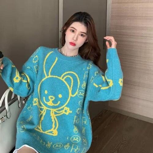 2021 autumn and winter new Korean version of the loose cartoon sweater womens outer wear turtleneck round neck knitted top