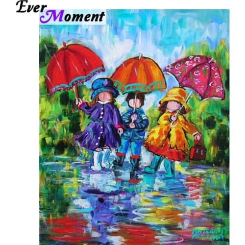Ever Moment Diamond Painting Children with Umbrella in Rain Colorful Picture DIY 5D Diamond Embroidery Portrait Full ASF874