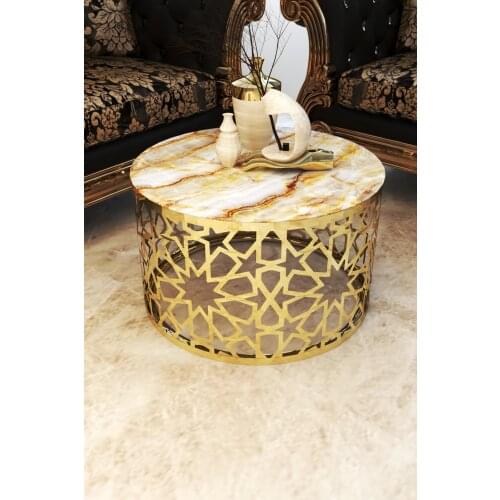 White Marble Pattern Glazed Laser Cut Lux Gold Medium Tripod wohnzimmertisch طاولة غرفة معيشة столик из стекла