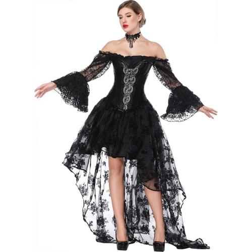 Victorian Black Satin Corset Dress Sexy Women Bustiers Steampunk Clothing Long Skirts Costume Vintage Corset Set