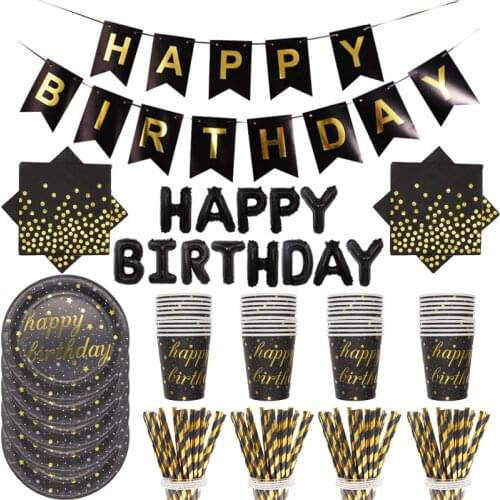 Black Gold Dot Bronzing Paper Disposable Tableware set Happy Birthday Party Decorations Kids Adult Party Supplies