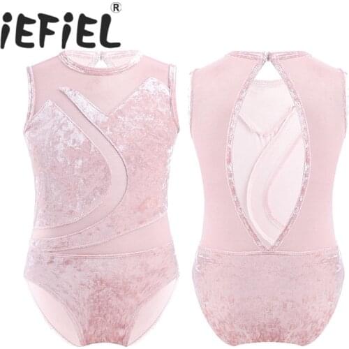 Kids Girls Sleeveless Soft Comfortable Pleuche Mesh Splice Cutout Back Ballet Dance Gymnastics Leotard Jumpsuit for Performance