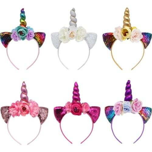 Girls Unicorn Handmade Boutique Simulation Bead Flower Hairhoop Hair Accessories Children Party Prom Hair Cat Ears Accessories