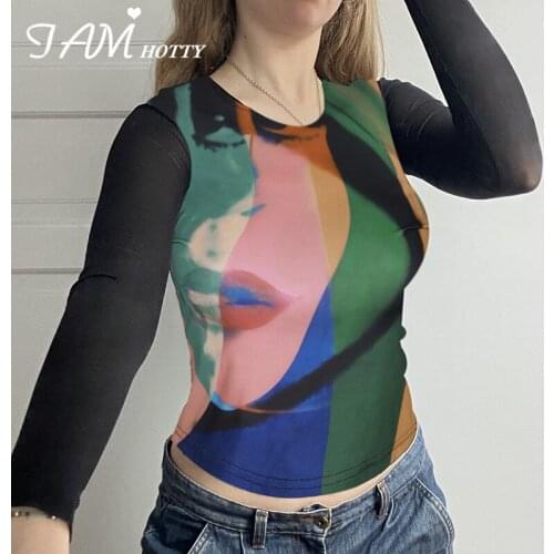 Print Mesh Patchwork Tshirt Women Y2K Aesthetic Grunge Top Long Sleeve Tee Harajuku Pullovers Sexy See Through Clothes Iamhotty