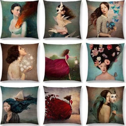 Hot Sale Elegant Lady Lovely Girls Magic Flowers Fantasy Painting Heart Free Wish Sea Sky Cushion Home Decor Sofa Throw Pillow