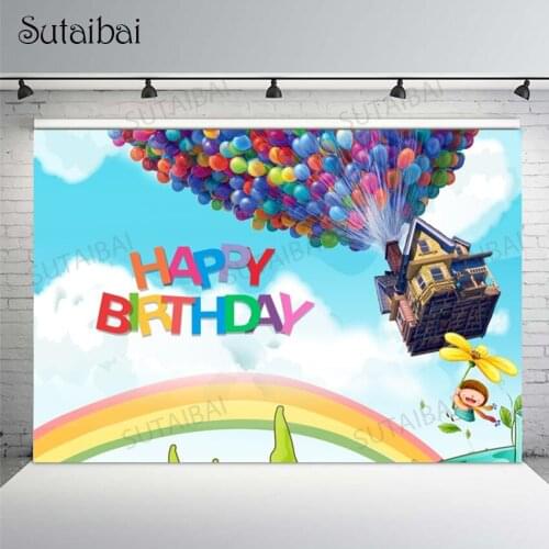 Colorful Balloons Photo Backdrop Rainbow Sky House Photography Background Child Happy Birthday Custom Banners Decorative Props