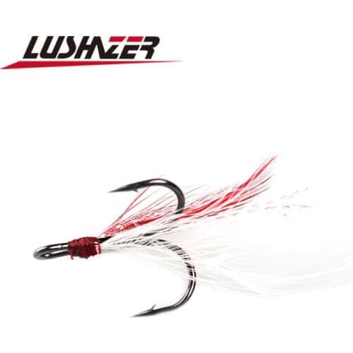 LUSHAZER 10pcs/lot DIY fishing hooks treble hooks with feather fishhook treble hook barbed hook fishing Accessories pesca