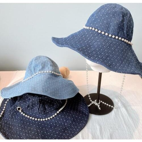 New Elegant Wide Brim Cowboy Fishing Bucket Hip Hop Hats For Women Female Spring Summer Fashion Basin Hat Pearl Chain Safari Hat