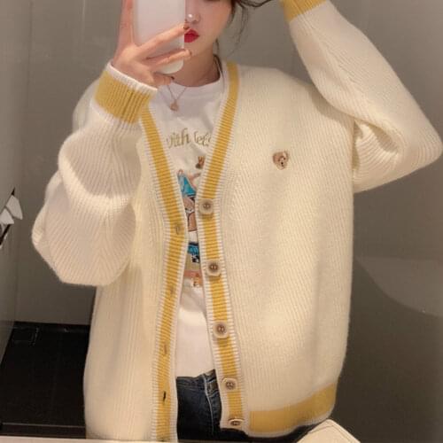 2020 Autumn Long Sleeves Women Cardigan Sweater Embroidery Cute Bear Knitted Tops Girls Korean Style Chic Loose Yellow Outwear