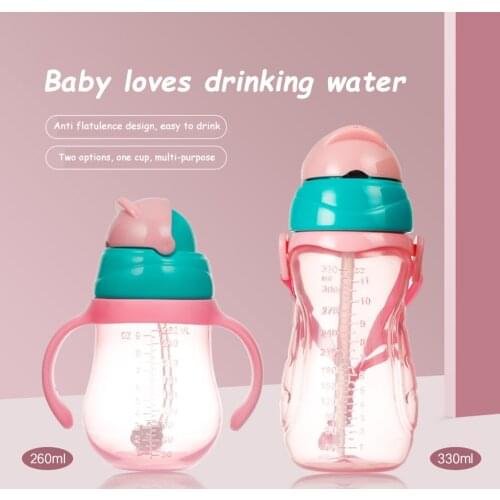 260ML/330ML Baby Kids Portable Cartoon Feeding Drinking Water Bottle PP Children Leakproof Training Cup with Cup Strap Straw