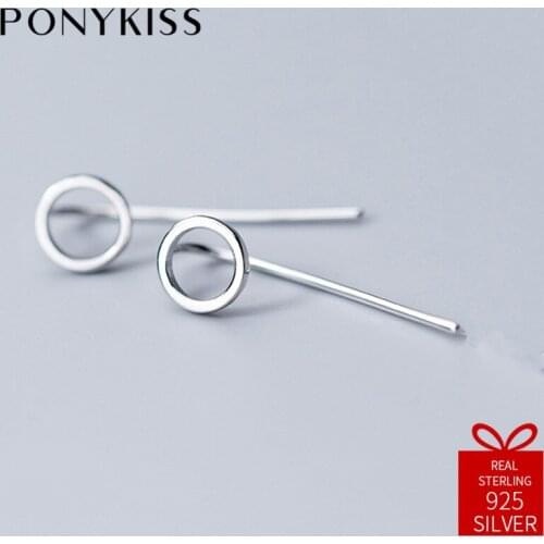 PONYKISS Trendy 100% 925 Sterling Silver Simple Hollow Round Dangle Drop Earrings Women Party Elegant Delicate Jewelry Fine Gift