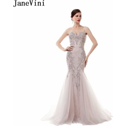 JaneVini 2018 Sexy Mermaid Bridesmaid Dresses Sweep Train Spaghetti Straps Crystal Beads Backless Lace Long Prom Gowns Damigelle