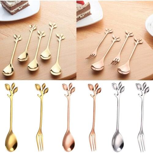 Scoop Fork Gold Vintage Leaf Leaves Durable Creative Coffee Spoon Mental Tablewear Dinnerware Kitchen Restaurant Accessories New