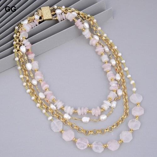 GuaiGuai Jewelry Natural Cultured White Baroque Pearl Pink Rose Quartzs Colorful CZ Chain Necklace For Women