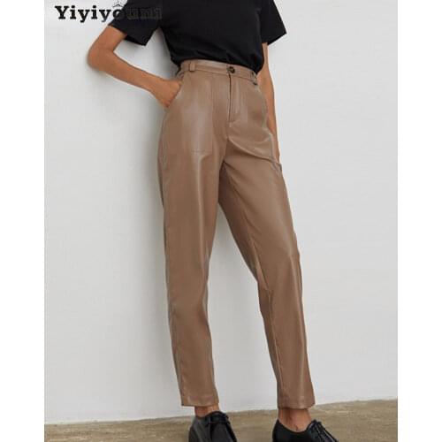 Yiyiyouni Autumn Winter High Waist Fleece PU Leather Pants Women Casual Faux Leather Trouser Women Pockets Straight Pants Female