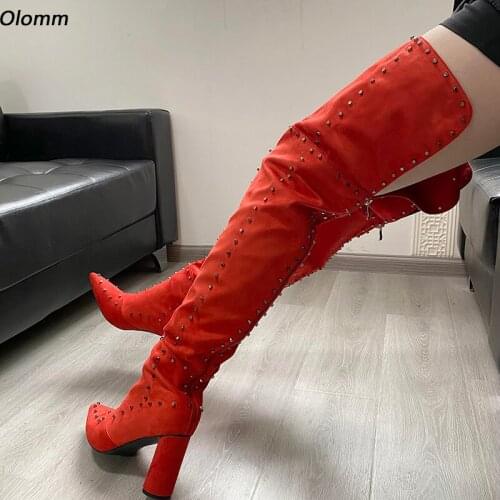 Olomm Women Winter Thigh Boots Studs Back Zipper Chunky Heel Pointed Toe Pretty Yellow Orange Night Club Shoes Plus US Size 5-16
