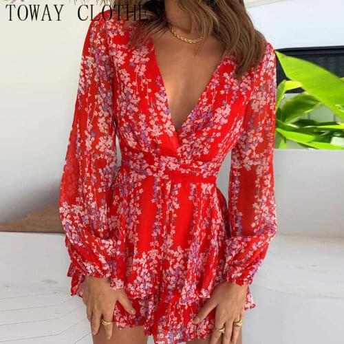 Women V-Neck Ditsy Floral Print Long Sleeve Ruffles Casual Layered Tiered Dress