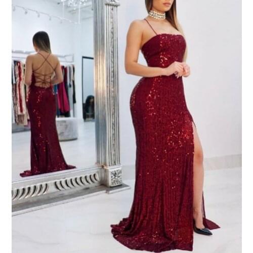 Sexy Long V-Neck Burgundy Eevning Dresses Mermaid Spaghetti Sweep Train Criss Cross Back Abendkleider Robes de Soirée for Women